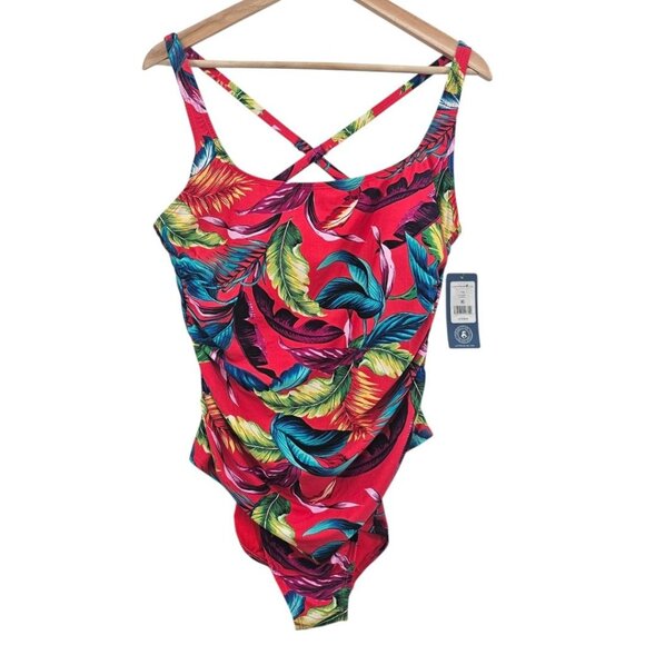Caribbean Joe Womens 14 Red Tropical Print One Piece Swimsuit NWT‎ - Picture 3 of 6